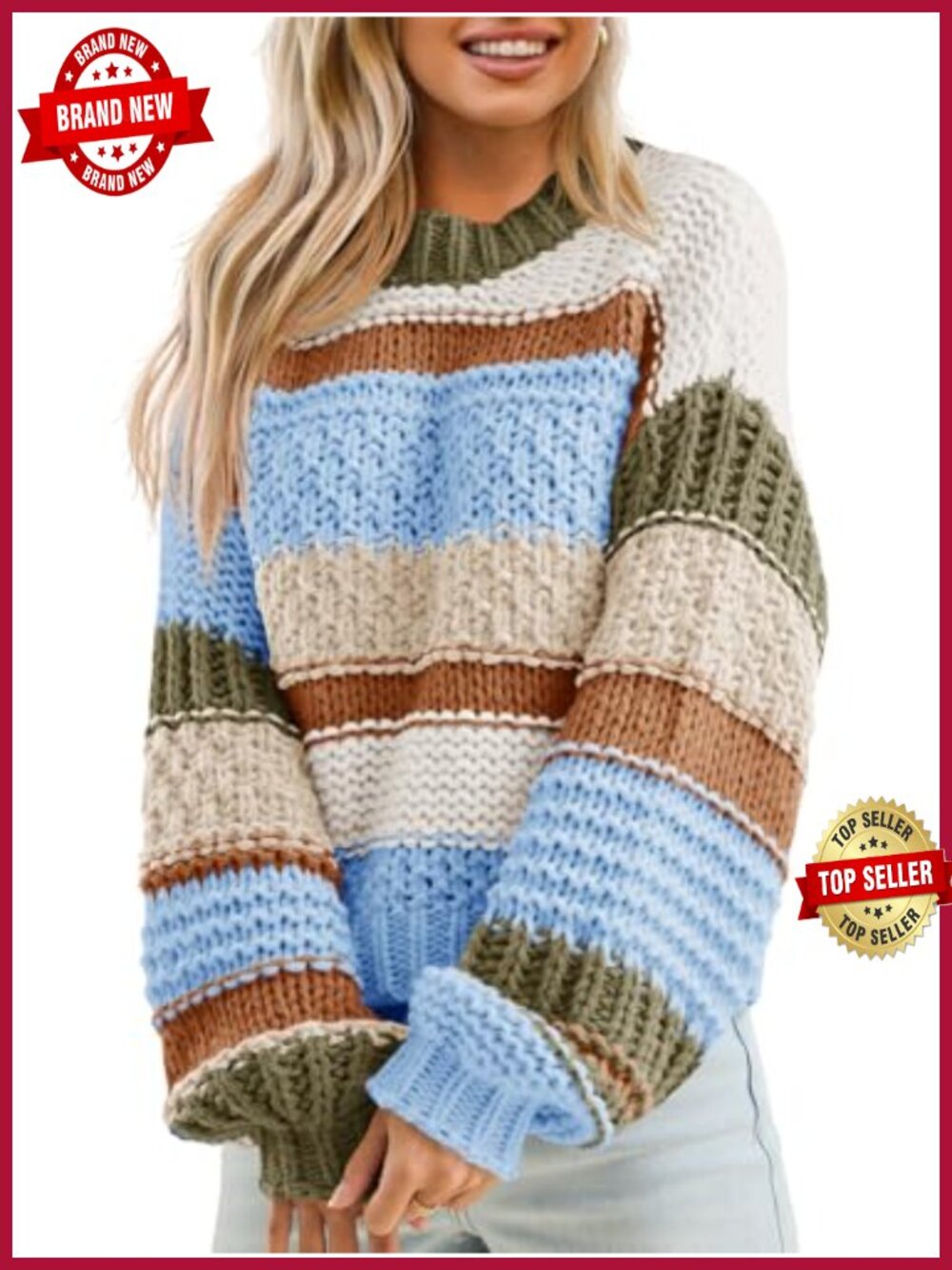 Women's Chunky Knit Cropped Sweater Striped Color Block Pullover